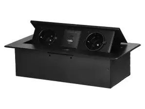 Prise de meuble encastrée dans le plateau avec bord fraisée plat et chargeur USB. 2x2P Z Schuko. 2x USB type A C; 3.6A. noir