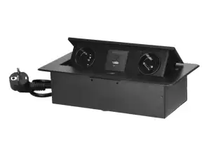 Prises de meubles encastrées dans le plan de travail avec bord fraisé plat. Chargeur USB et câble de 1,5 m. 2x2P+T. 2xUSB type A+C; 3,6A. noir