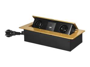 Möbelsteckdosen eingebaut in dieplatte mit flachem gefrästem Rand. USB-Ladegerät und Kabel 1,5 m. 2x2P Z. 2xUSB Typ A C; 3,6A. gold