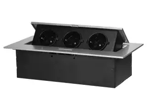Prise meublee encastrée avec bord plat. 3x2P Z Schuko. argenté