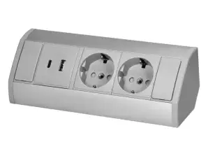 Möbelsteckdose 2x2P Z Schuko . 2xUSB Typ A C; 2.4A . grau-silber