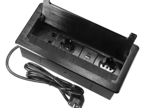 Tomada de mobiliário embutida no topo com uma borda plana fresada. com uma escova anti-pó e um cabo de 1,5 m. 2x2P COM Schuko . 2xUSB tipo A C; 3.6A .