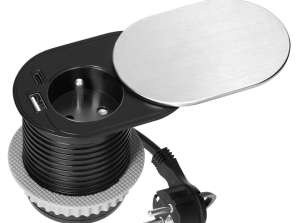 Einbau in die Arbeitsplatte mit Schiebehülle, USB-Ladegerät und Kabel 1,9m. 1x2P+Z (französisch), 1xUSB