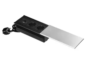 Möbelsteckdose mit Schiebedeckel. 2x2P Z Schuko. USB A C. silber