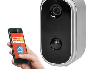 Wireless outdoor IP camera with WiFi communication with smartphone via Tuya app.
