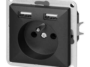 Einzelsteckdose p/t 2P Z mit Pearl-Ladegerät. 16A. 250V. PT 16P/USB. schwarz