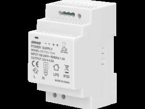 DIN-kiskovirtalähde 12VDC. 4,5A. 54W. leveys 3 moduulia