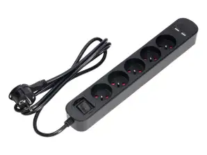 Überspannungsschutzleiste. 5 Steckdosen 2P Z. Kabel 1.5m. mit beleuchtetem zweipoligem Schalter. Überspannungsschutz. 10A/230 VAC.