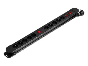 Voedingsstrip 10 stopcontacten 2P+Z kabel 3x1,5mm2 lengte 1,5m 2xVerlichte dubbelpolige schakelaar Thermische schakelaar. 16A/230 VAC Zwart