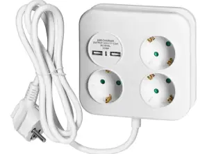 Quadratische Steckdosenleiste mit USB-Ladegerät 3x2P Z Schuko. 2xUSB A. Kabel 3x1.5mm2. 1.4m