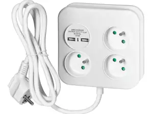 Quadrische Steckdose mit USB-Ladegerät 3x2P Z. 2xUSB A. Kabel 3x1.0mm2. 1.4m