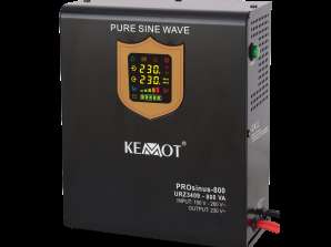 Seinälle asennettava KEMOT PROsinus 800 -varavirtalaite, jossa on puhtaan sinimuotoisen signaalin muunnin ja 12V 230V 800VA/500W:n latausominaisuus