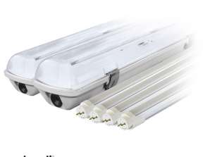 Komplektas: 2x hermetiškas LED lempos šviestuvas ip65 1 pusė 4x LED fluorescencinė lempa 120cm 18w t8 6000k 1 šoninis šaltis