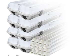 Komplektas: 8x hermetiškas LED lempos šviestuvas ip65 1 pusė 16x LED fluorescencinė lempa 120cm 18w t8 6000k 1 šoninis šaltis