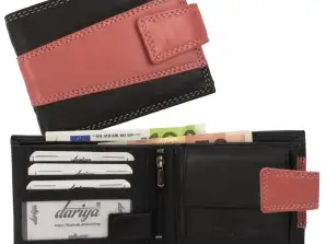 Hochwertige Rindleder Geldbörse mit weißer Doppelnaht und Außenriegel- schwarz/rosa