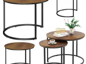 Set of Round Coffee Tables 3in1 Vintage Natural Wood 51cm 40cm 30cm