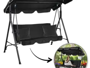 Balançoire de jardin 3 places avec baldaquin et 2 coussins, noir HO01CZ