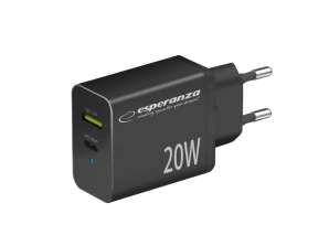 EZC105K Esperanza sienas lādētājs 20w usb c pd 20w / usb a qc 3.0 18w melns