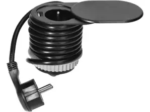 Møbeluttak ?6cm. innfelt i bordplaten med et skyvelokk. USB-lader og 1,9 m kabel. 1x2P Z. 1xUSB 2.4A . 3x1mm?. Svart