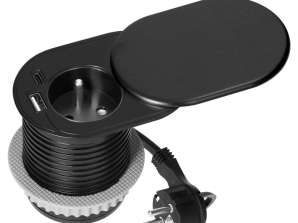 Möbelsteckdose ?6cm. eingelassen in die Arbeitsplatte mit Schiebedeckel. USB-Ladegerät und Kabel 1,9m. 1x2P Z französisch. 1xUSB Typ A C; PD20W. schwarz