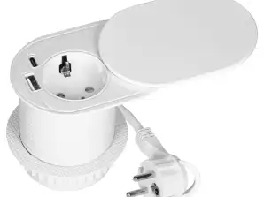 Møbeluttak ?6cm. innfelt i bordplaten med et skyvelokk. USB-lader og 1,9 m kabel. 1x2P med Schuko . 2xUSB type A C; PD20W . Hvit