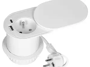 Møbeluttak ?6cm. innfelt i bordplaten med et skyvelokk. USB-lader og 1,9 m kabel. 1x2P av fransk . 2xUSB type A C; PD20W . Hvit