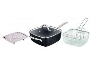 Oliver Voltz OV51319H4 aluminum square pot with frying basket and steamer, 24 x 24 x 9.5 cm., 4.3 l., Black