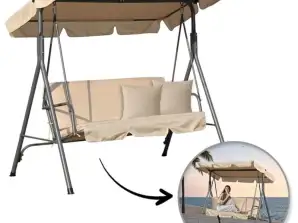 3-Sitzer-Gartenschaukel mit Baldachin und 2 Kissen, beige HO01K