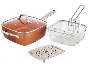 Oliver Voltz OV51319H4 aluminum square pot with frying basket and steamer, 24 x 24 x 9.5 cm., 4.3 l., Copper