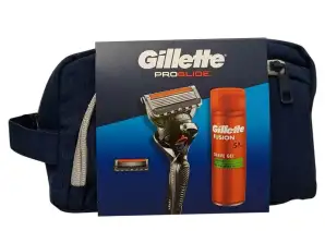 Toaletná taška Gillette Fusion Proglide. Holiaci strojček + 2 náplne + gél 200 ml. Citlivý.