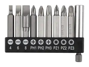 SL4/6/8 bits sett. PH1/2/3. PZ1/2/3 x 50 mm. med 60 mm magnetisk holder. 10 stk.