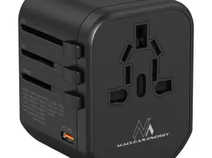 Maclean kelioninis adapteris. USB maitinimo adapteris. 2xUSB 2.4A USB C PD 20W. 8A saugiklis. Greitas ir greitas įkrovimas. 200 šalių visame pasaulyje. MCE