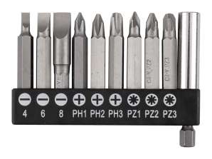 SL4/6/8 bit set. PH1/2/3. PZ1/2/3 x 50 mm. with 60 mm magnetic holder. 10 pcs.