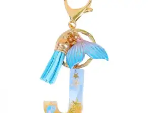 LETTER "J" keychain, SEA, mermaid tail, shells, fringes BRL353J