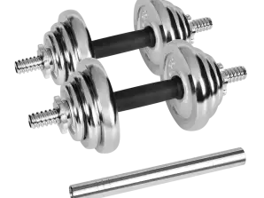 Litoželezne kromirane dumbbells nastavljive v ohišju s palico. 20kg komplet REBEL ACTIVE