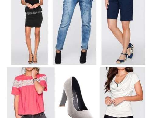 Blusas femininas, blazers, vestidos, calções, calças, sapatos, saias