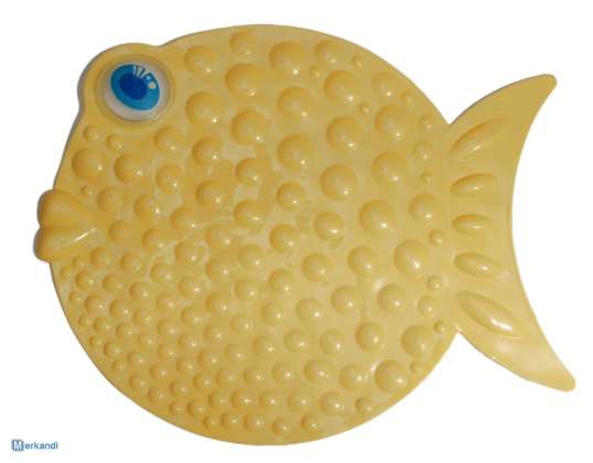 Yellow bathroom mat in the shape of fish
