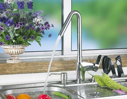 Chrome-plated kitchen mixer with high swivel spout