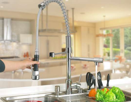 Chrome-plated kitchen mixer with hand shower and swivel spout