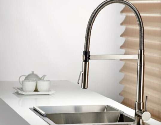 Chrome-plated and black kitchen mixer with hand shower and high swivel spout
