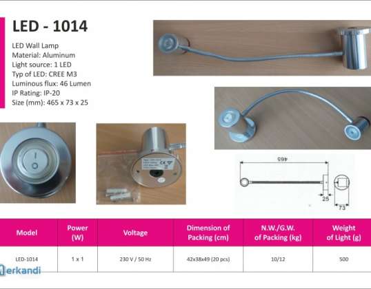 Moderne LED-væglampe ved sengen LED-1014 | Aluminiumsmateriale med 46 Lumen lyskilde