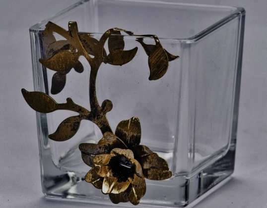 Bougeoir en verre carré 8x8 ferronnerie