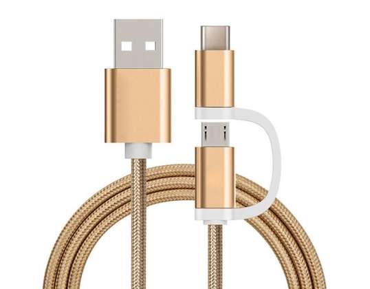 Reekin kabel 2in1 MicroUSB & USB C 1 meter guld nylon