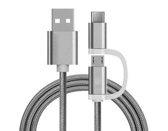 Reekin kabel 2in1 MicroUSB & USB C 1 meter sølv nylon