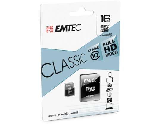 MicroSDHC 16GB EMTEC adapteri CL10 CLASSIC läpipainopakkaus