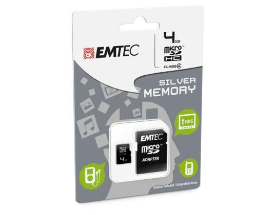 MicroSDHC 4 Go + adaptateur CL4 EMTEC Argent mémoire sous blister