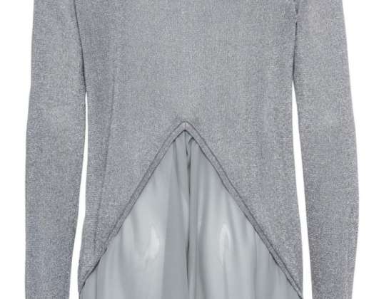 Damen Lurex Pullover mit Chiffon Grau Silber Pulli Winterkleidung