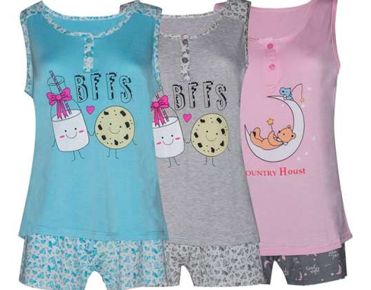 Women's pyjamas, 85% cotton, 15% polyester - Sizes: M, L, XL and XXL Colors & Patterns Assorted