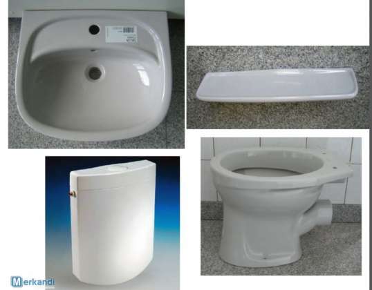 11. BATHROOM-SET in gray incl. washbasin + WC + tank + shelf
