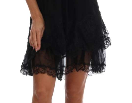 Dolce & Gabbana Black Silk Dantelă Chemise Dress